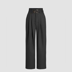 TWEED SOLID BELTED STRAIGHT LEG TROUSERS